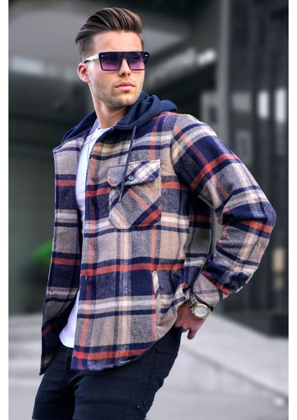 Lacivert Kapüşonlu Ekoseli Oduncu Gömlek 5577