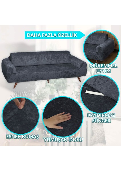 Kadife 3+3+1+1 Koltuk Örtüsü Takımı Lastikli Kanepe Örtüsü Antrasit | Lastikli Koltuk Örtüsü | Koltuk Kılıfı modelleri