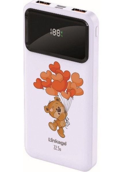 Linkage 10000 Mah Sevgililer Günü Ayıcık Baskılı Beyaz 22,5 W Hızlı Şarj LCD Ekranlı Powerbank