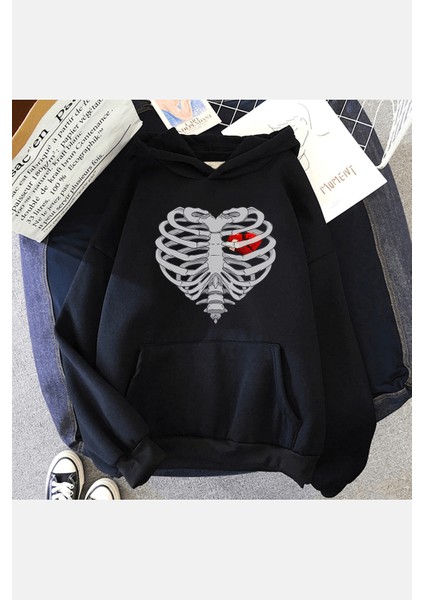 Iskelet Kalp Kapşonlu Sweatshirt