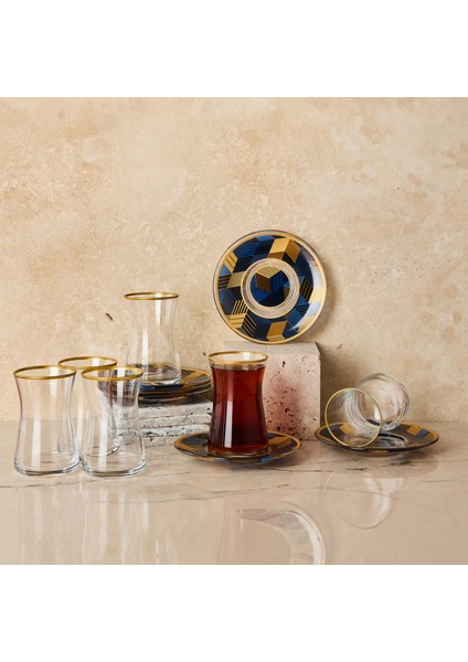 Geometrik Desenli Cam Çay Bardağı ve Çay Tabağı 12 Parça Çay Takımı Seti