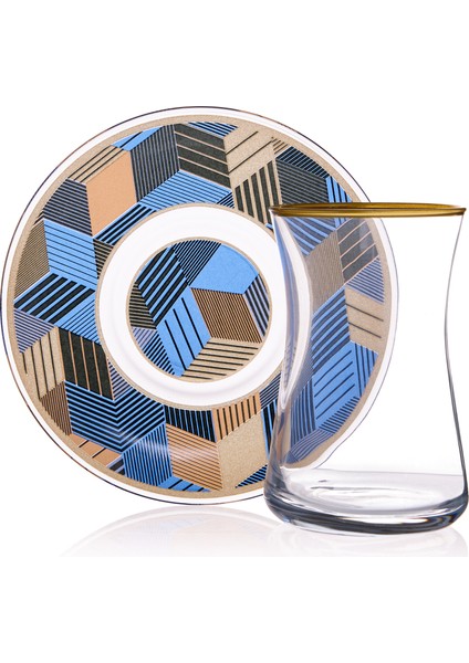 Geometrik Desenli Cam Çay Bardağı ve Çay Tabağı 12 Parça Çay Takımı Seti