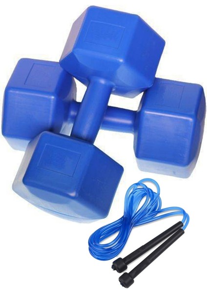 Tekno Trust Ikili 10KG x 2 Adet Dambıl ve Atlama Ipi Kombin Seti Vinyl Kaplama Dumbell Mavi