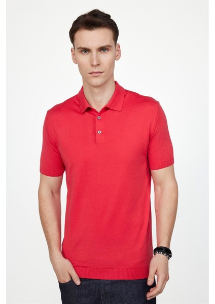 Erkek Slim Fit Dar Kesim Pamuklu Örme Triko Pembe Polo Yaka Tişört