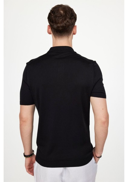 Erkek Slim Fit Dar Kesim Pamuklu Örme Triko Siyah Polo Yaka Tişört