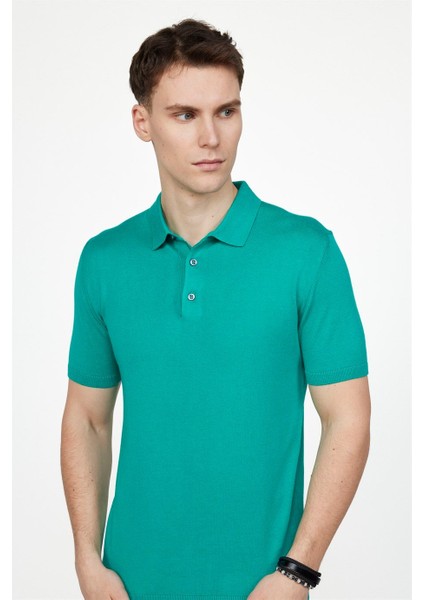Erkek Slim Fit Dar Kesim Pamuklu Örme Triko Yeşil Polo Yaka Tişört modelleri