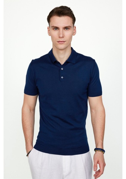 Erkek Slim Fit Dar Kesim Pamuklu Örme Triko Lacivert Polo Yaka Tişört