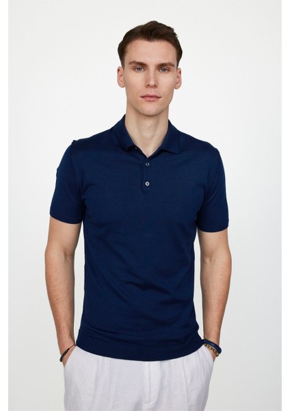 Erkek Slim Fit Dar Kesim Pamuklu Örme Triko Lacivert Polo Yaka Tişört