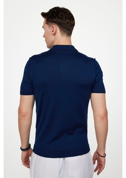 Erkek Slim Fit Dar Kesim Pamuklu Örme Triko Lacivert Polo Yaka Tişört