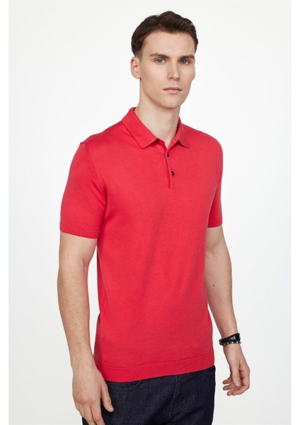 Erkek Slim Fit Dar Kesim Pamuklu Örme Triko Pembe Polo Yaka Tişört