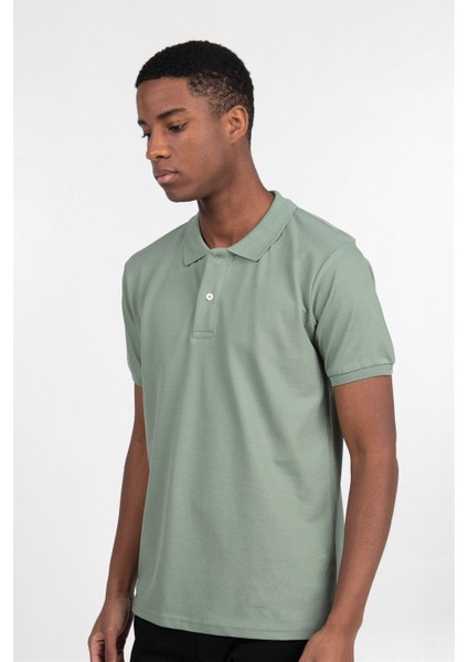 Erkek Slim Fit Dar Kesim %100 Pamuk Düz Pike Mint Polo Yaka Tişört