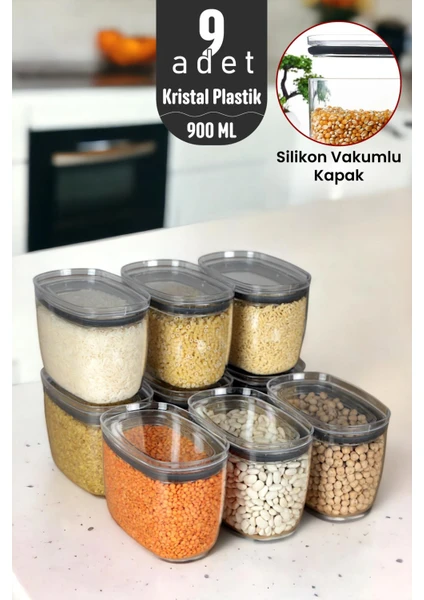 Ironika 900 ml Gerçek Vakumlu Silikon Kapaklı Kristal Erzak Bakliyat Saklama Kabı Seti Baharatlık 9 Adet Şeffaf