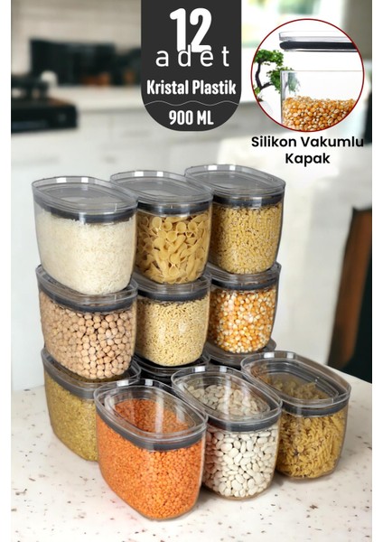 Ironika 900 ml Gerçek Vakumlu Silikon Kapaklı Kristal Erzak Bakliyat Saklama Kabı Seti Baharatlık 12 Adet Şeffaf