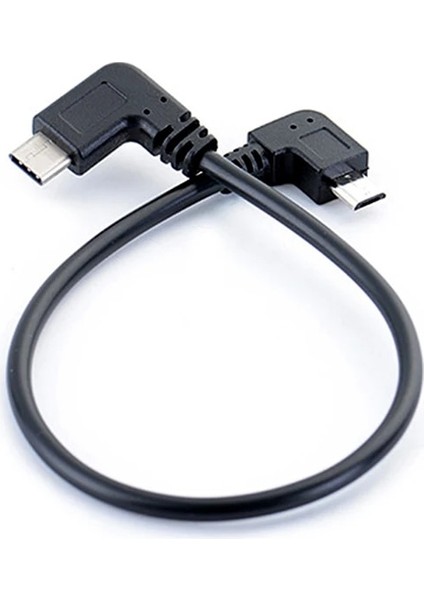 Sol Açı 90 Derece Mikro USB - Tip-C Kablo Dönüştürücü Otg Adaptör Veri Kablosu 25CM Kablo Siyah (Yurt Dışından)