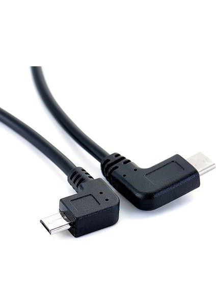 Sol Açı 90 Derece Mikro USB - Tip-C Kablo Dönüştürücü Otg Adaptör Veri Kablosu 25CM Kablo Siyah (Yurt Dışından)