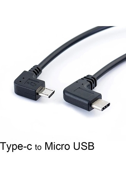 Sol Açı 90 Derece Mikro USB - Tip-C Kablo Dönüştürücü Otg Adaptör Veri Kablosu 25CM Kablo Siyah (Yurt Dışından)