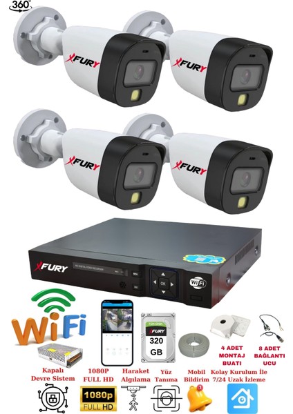 4 Kameralı 1080P 2Mp Görüntü Gece Renkli Full Hd Ultra Led Gece Renkli Güvenlik Kamerası Seti 320GB fiyatları