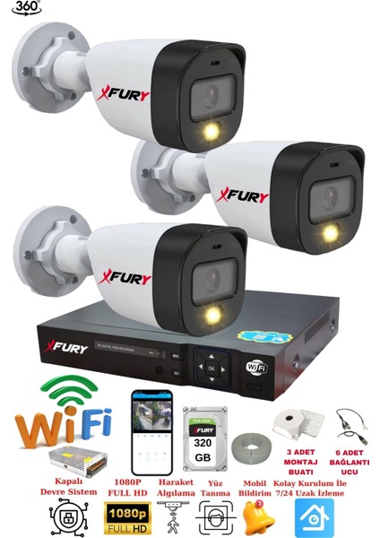 3 Kameralı 1080P 2Mp Görüntü Gece Renkli Full Hd Ultra Led Gece Renkli Güvenlik Kamerası Seti 320GB