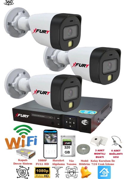 3 Kameralı 1080P 2Mp Görüntü Gece Renkli Full Hd Ultra Led Gece Renkli Güvenlik Kamerası Seti 320GB fiyatları