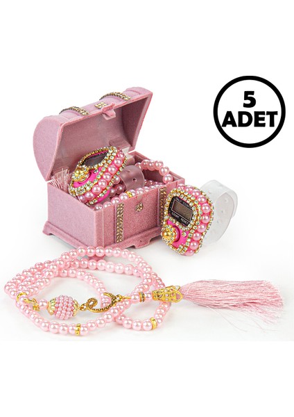 5 Adet Sandıklı Kutuda Inci Tesbih ve Zikirmatik Seti Mevlüt Hediyesi Pembe