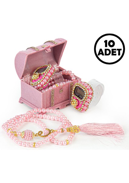 10 Adet Sandıklı Kutuda Inci Tesbih ve Zikirmatik Seti Mevlüt Hediyesi Pembe