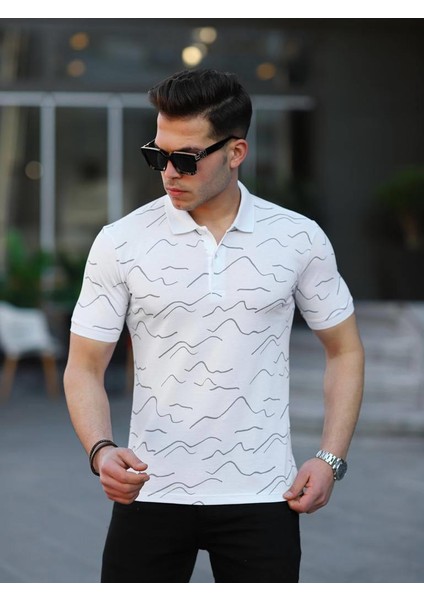 Beyaz Çizgi Desenli Erkek Polo Yaka Tişört