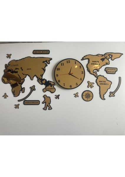 Onca Hediyelik Gold Aynalı Dünya Haritası Dekoratif Iş Yeri ve Ev Için Dünya Haritalı Saatli Duvar Dekorasyonu