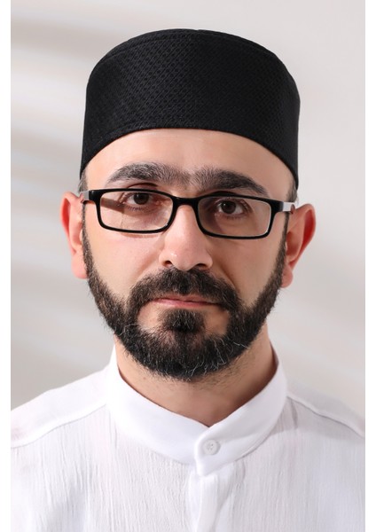 Siyah Petek Kareli Kadife Kalıp Namaz Takkesi