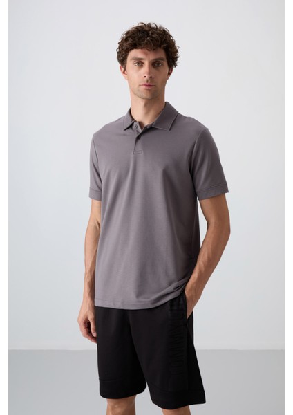 Koyu Gri Pamuklu Kalın Yumuşak Dokulu Standart Fit Basic Polo Yaka Erkek T-Shirt - 88351