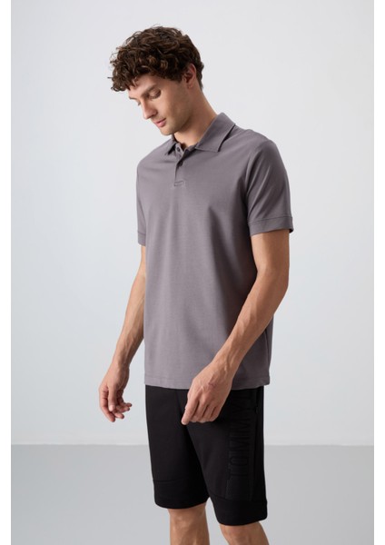 Koyu Gri Pamuklu Kalın Yumuşak Dokulu Standart Fit Basic Polo Yaka Erkek T-Shirt - 88351