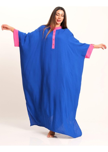 Kadın Saks Mavi Sırtı Otantik Nakışlı Yarasa Kol Oversize Uzun Elbise modelleri
