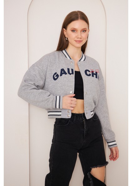 Gauche Nakış Işlemeli Kadın Crop Kolej Ceket