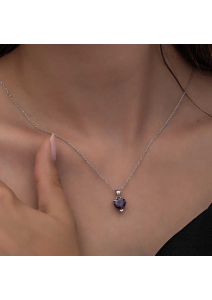 Gümüş Mor Taşlı Kalpli Kadın Kolye fiyatları