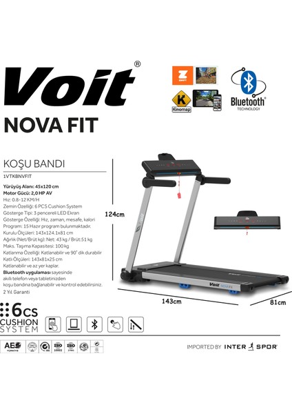 Novafit Koşu Bandı - 12 Km Hız-Bluetooth App-Geniş Yürüme Alanı-Dik Katlanabilir-Sessiz Çalışma Sistemi