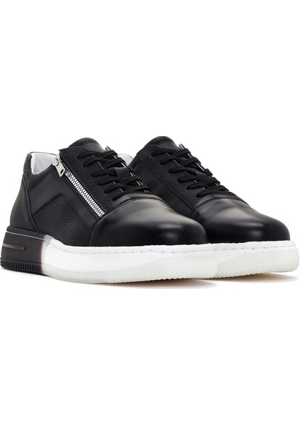 Erkek Siyah Kalın Tabanlı Deri Sneaker