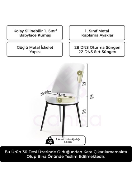 Pefa Serisi 6 Adet Mutfak Sandalyesi Gold Kaplama Metal Ayak 1. Sınıf Babyface Kumaş