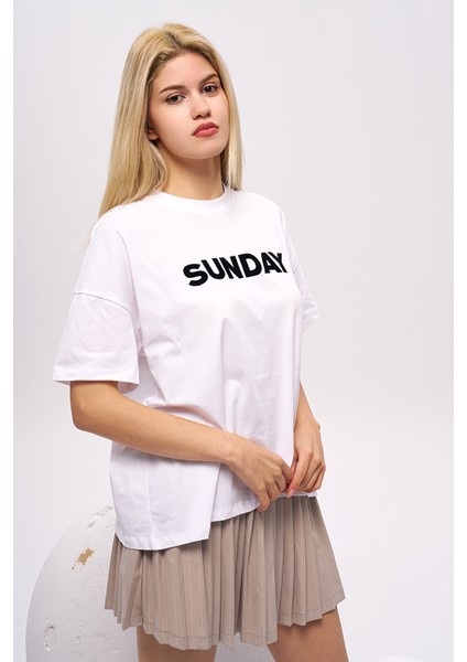 Sunday Yazılı Baskılı Kısa Kol T-Shirt, Pamuklu Tişört, Basic, Rahat, Spor,