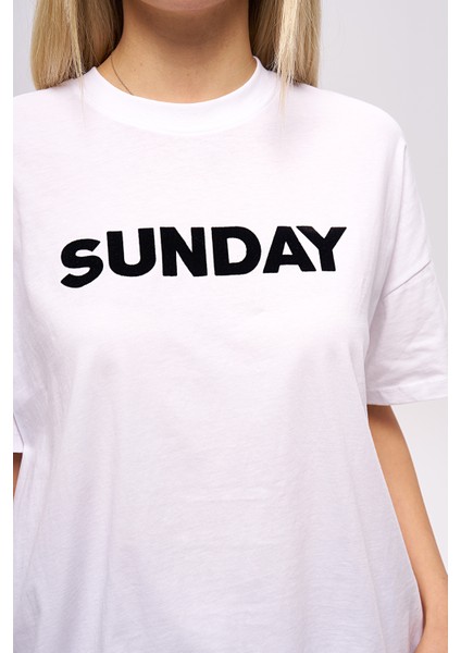 Sunday Yazılı Baskılı Kısa Kol T-Shirt, Pamuklu Tişört, Basic, Rahat, Spor,
