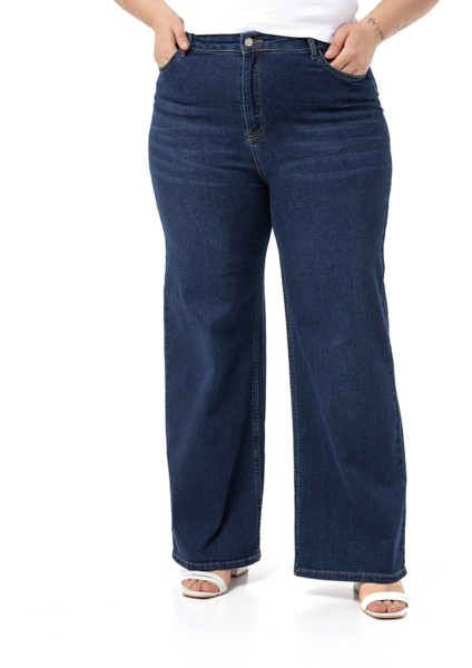 Büyük Beden Yüksek Bel Geniş Paça Lacivert Denim Pantolon
