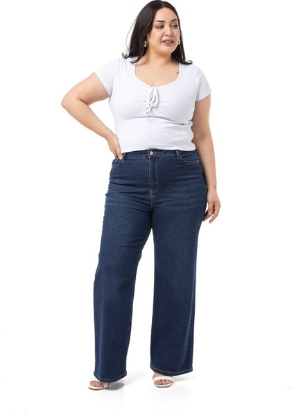 Büyük Beden Yüksek Bel Geniş Paça Lacivert Denim Pantolon fiyatları