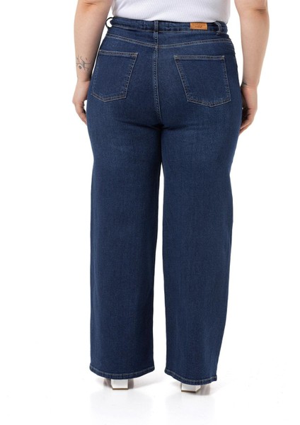 Büyük Beden Yüksek Bel Geniş Paça Lacivert Denim Pantolon modelleri