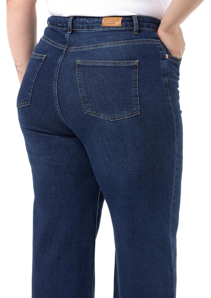 Büyük Beden Yüksek Bel Geniş Paça Lacivert Denim Pantolon fırsatları