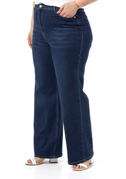 Büyük Beden Yüksek Bel Geniş Paça Lacivert Denim Pantolon indirimleri
