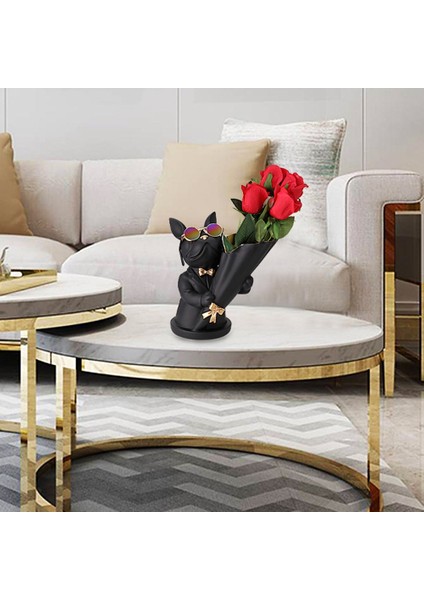 Ev Dekor Heykelcik Minyatür Fransız Bulldog Heykel Masaüstü Çiçek Vazo Masa Dekorasyon Modern Dekoratif Heykel, E (Yurt Dışından)