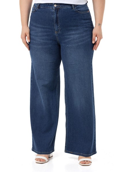 Büyük Beden Yüksek Bel Geniş Paça Mavi Denim Pantolon