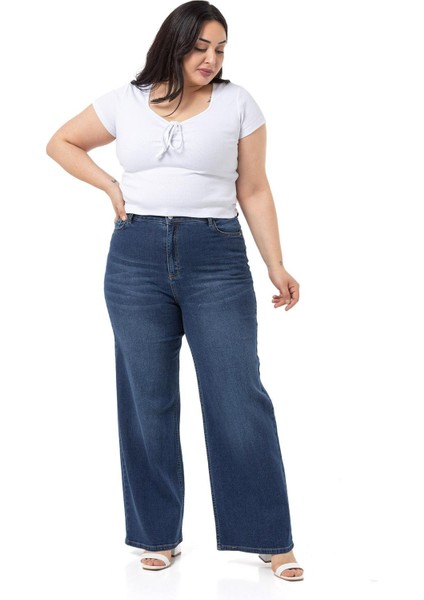 Büyük Beden Yüksek Bel Geniş Paça Mavi Denim Pantolon fiyatları