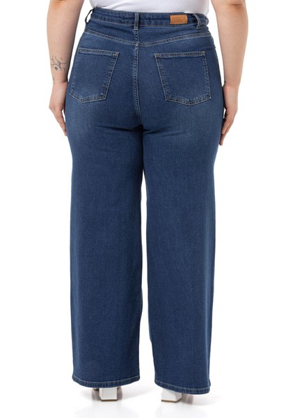 Büyük Beden Yüksek Bel Geniş Paça Mavi Denim Pantolon modelleri