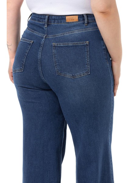 Büyük Beden Yüksek Bel Geniş Paça Mavi Denim Pantolon fırsatları