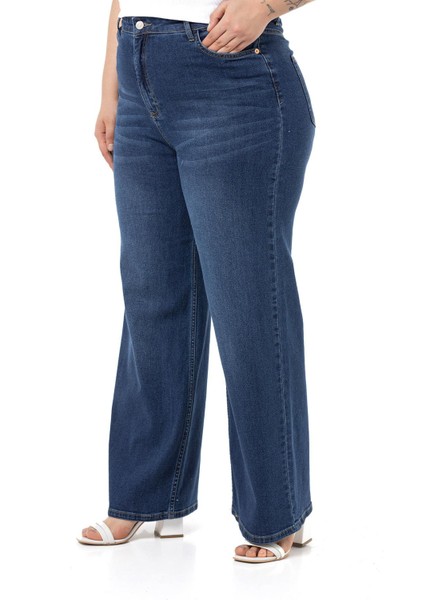 Büyük Beden Yüksek Bel Geniş Paça Mavi Denim Pantolon indirimleri