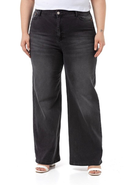Büyük Beden Yüksek Bel Geniş Paça Antrasit Denim Pantolon